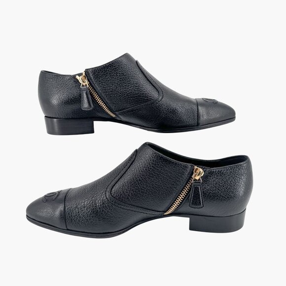 Chanel CC Black Leather Cap Toe Western Ankle Booties Oxfords Size 38.5 US 7.5-8 - Picture 10 of 14